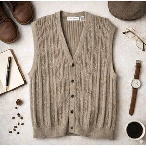 VTG HENRY GRETHEL Sweater Vest Mens XL Knitted Tan Yarn Button Up Grandpa